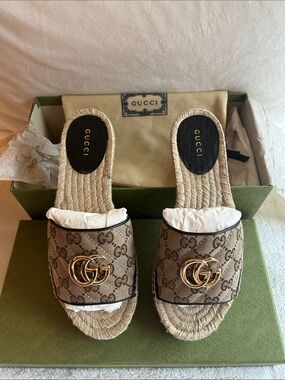 Gucci Beige GG Canvas Espadrille Slides with Gold Double G. Only worn twice!